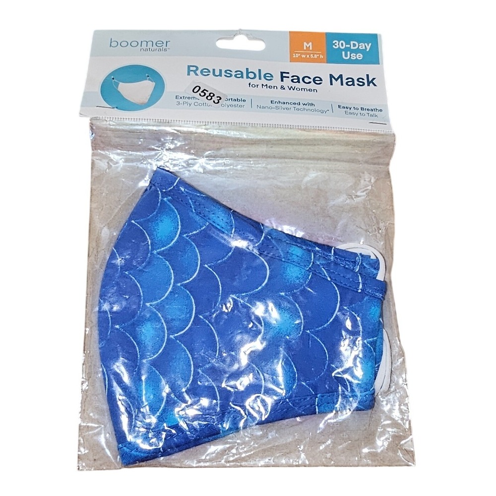 Boomer Naturals Reusable Face Mask Blue Mermaid Scale Nano-Silver 3-Ply Med 583